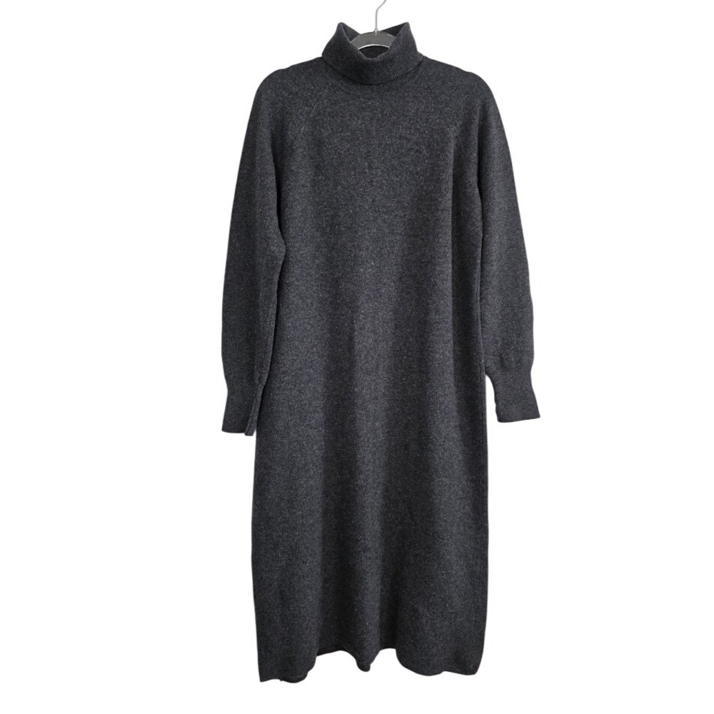 Vintage Lands End Sz L Turtleneck Sweater Dress Grey 100% Lambswool Hygge Scandi